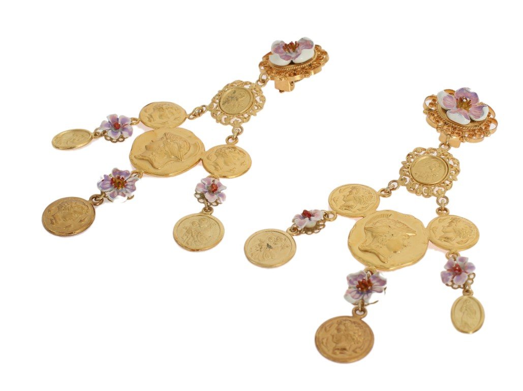 Gold Brass Floral Coins Dangling Clip On Earrings
