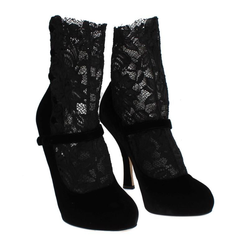 Black Velvet Floral Lace Mary Janes Pumps