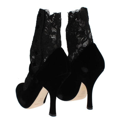 Black Velvet Floral Lace Mary Janes Pumps