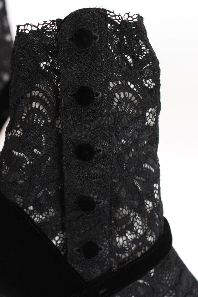 Black Velvet Floral Lace Mary Janes Pumps