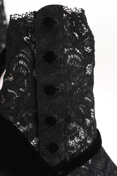 Black Velvet Floral Lace Mary Janes Pumps