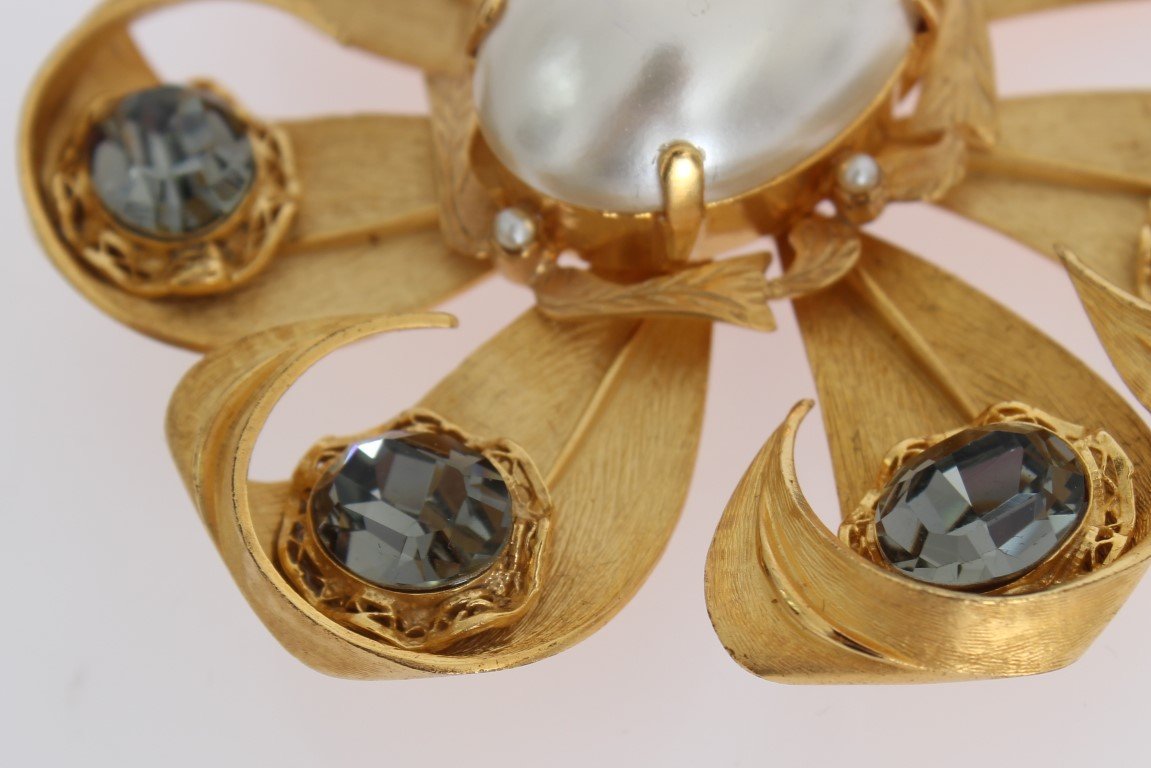 Gold Brass Gray Crystal Pearl SICILY Brooch