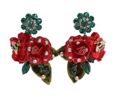 Gold Brass Crystal Roses Floral ClipOn Earrings