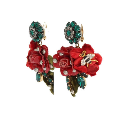 Gold Brass Crystal Roses Floral ClipOn Earrings