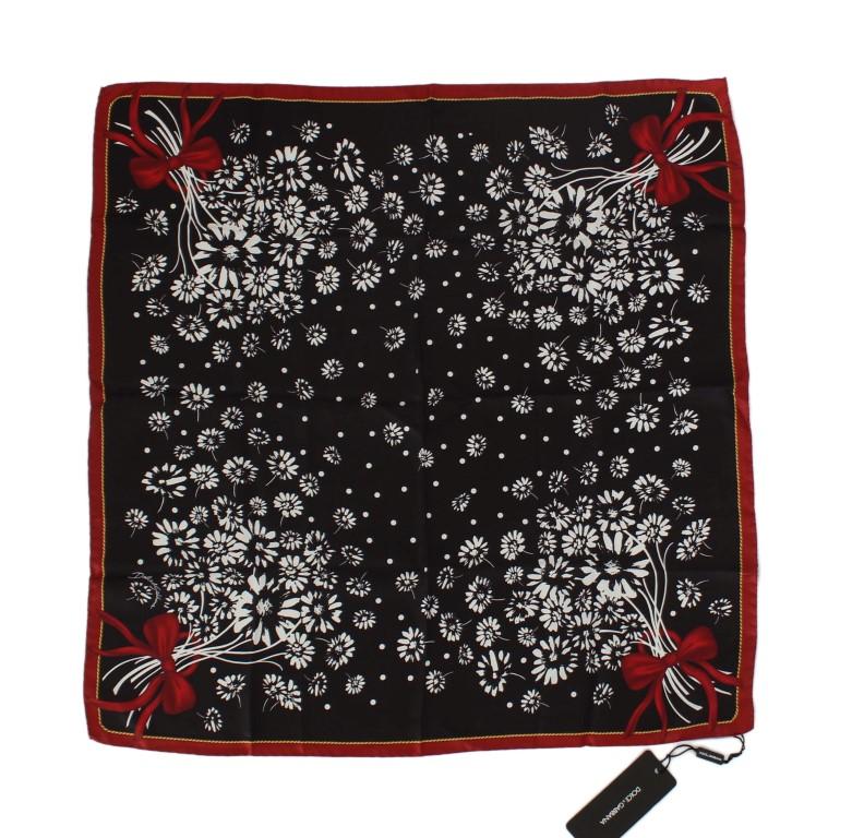Black White Floral Print Silk Scarf