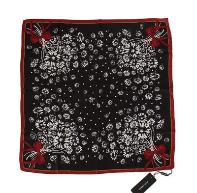 Black White Floral Print Silk Scarf