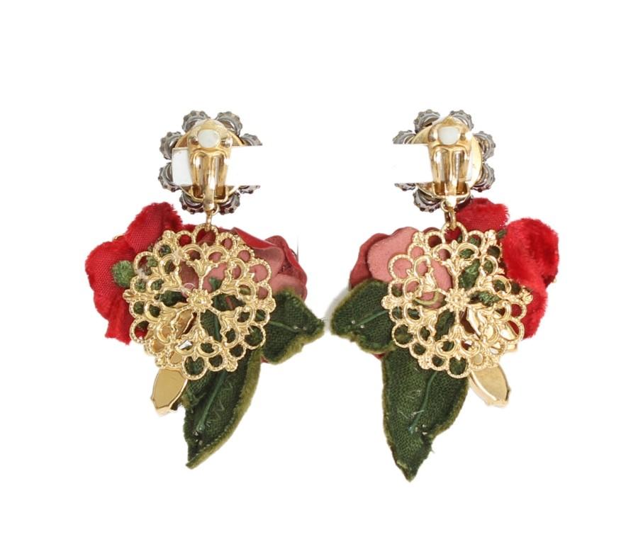 Gold Brass Crystal Roses Floral ClipOn Earrings