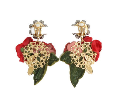 Gold Brass Crystal Roses Floral ClipOn Earrings
