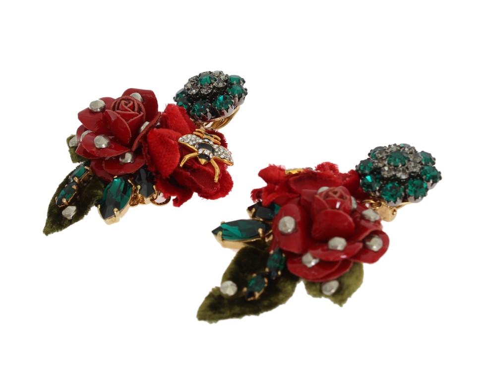 Gold Brass Crystal Roses Floral ClipOn Earrings