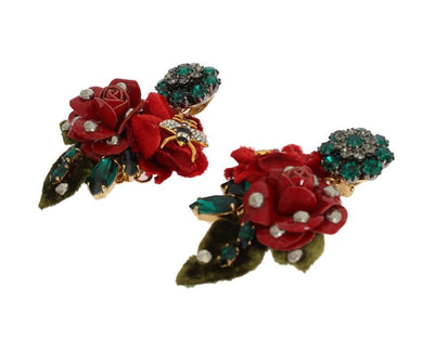 Gold Brass Crystal Roses Floral ClipOn Earrings