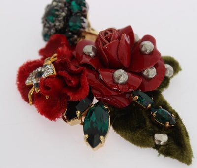 Gold Brass Crystal Roses Floral ClipOn Earrings