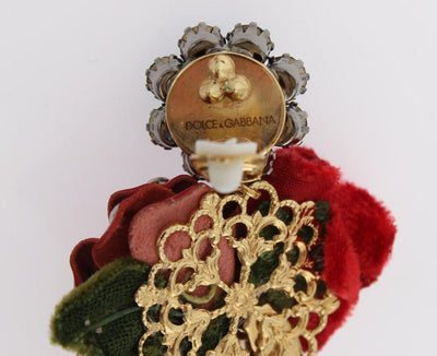 Gold Brass Crystal Roses Floral ClipOn Earrings