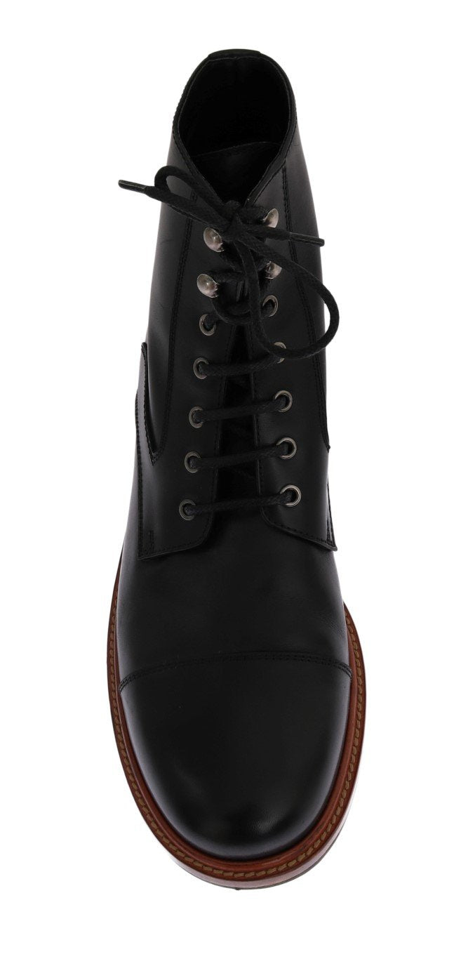 Black Leather Ankle Lace Up Boots