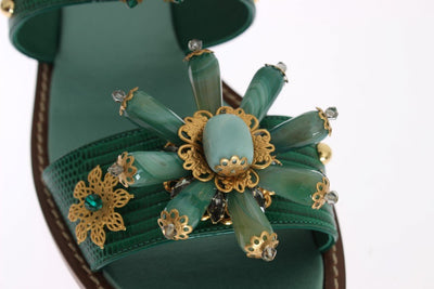 Green Leather Crystal Sandals