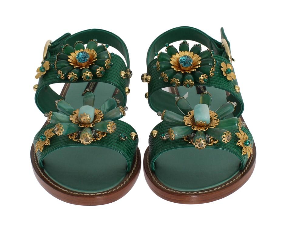 Green Leather Crystal Sandals