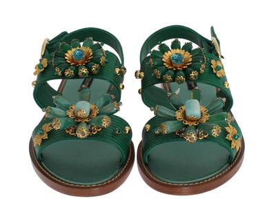 Green Leather Crystal Sandals