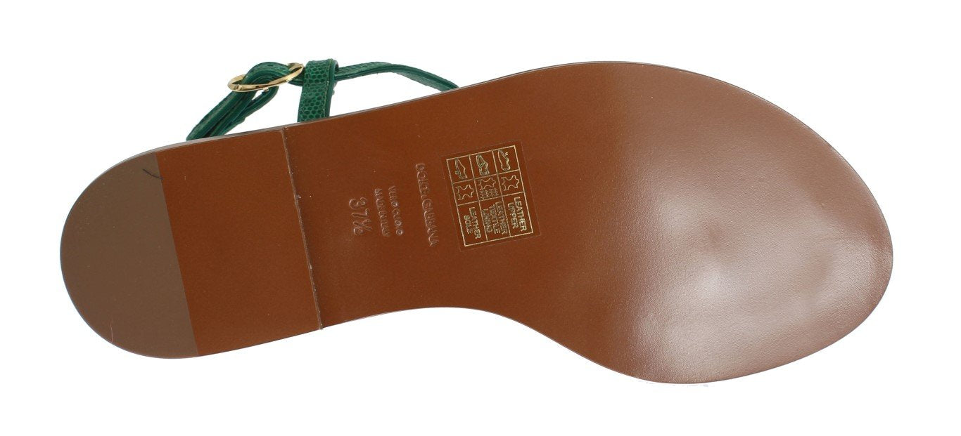 Green Leather Crystal Flip Flops Sandals