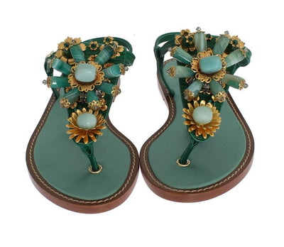 Green Leather Crystal Flip Flops Sandals