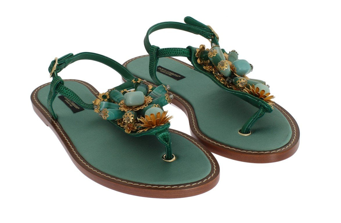Green Leather Crystal Flip Flops Sandals