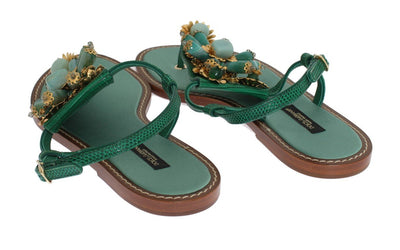 Green Leather Crystal Flip Flops Sandals