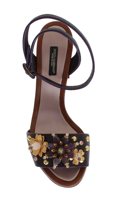 Purple Floral Crystal Leather Sandals