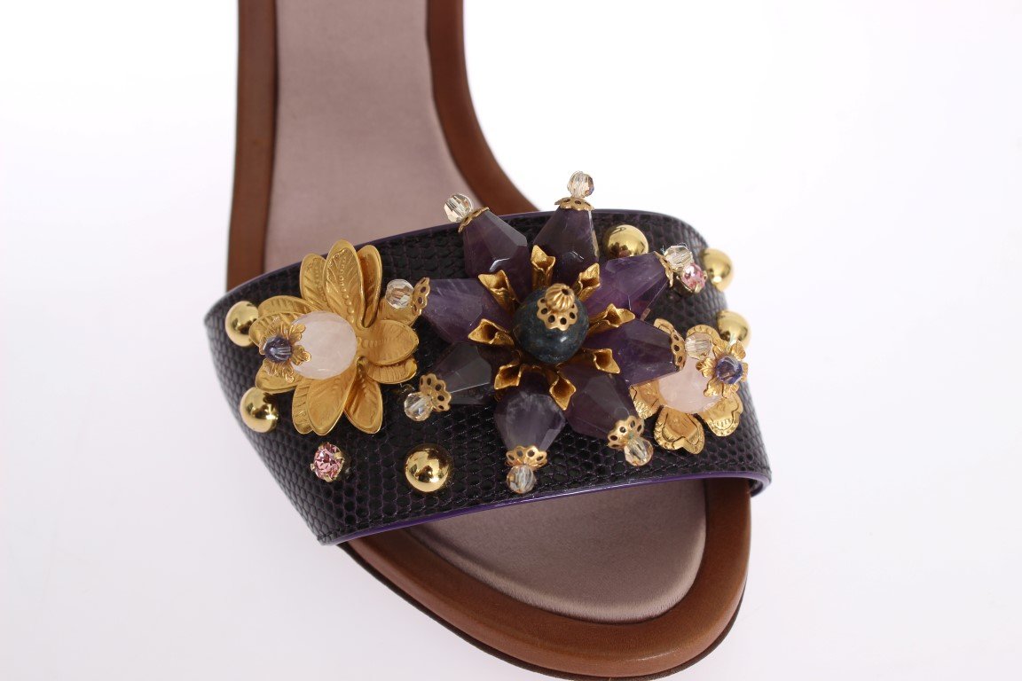 Purple Floral Crystal Leather Sandals