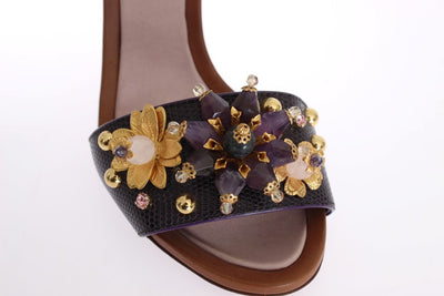 Purple Floral Crystal Leather Sandals