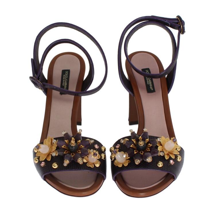 Purple Floral Crystal Leather Sandals