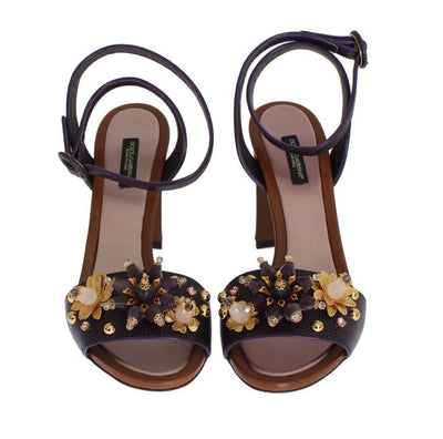 Purple Floral Crystal Leather Sandals