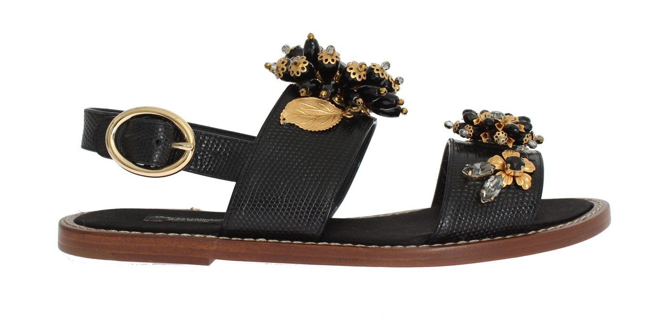 Black Leather Crystal Ankle Strap Sandals