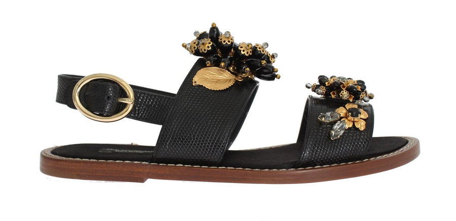Black Leather Crystal Ankle Strap Sandals