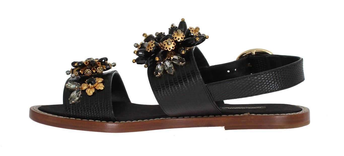 Black Leather Crystal Ankle Strap Sandals