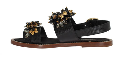 Black Leather Crystal Ankle Strap Sandals