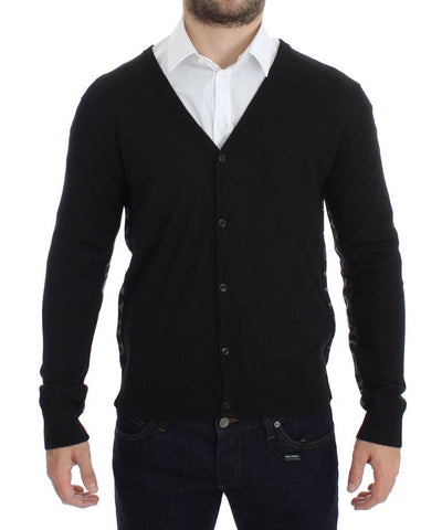 Black Wool Button Down Logo Cardigan