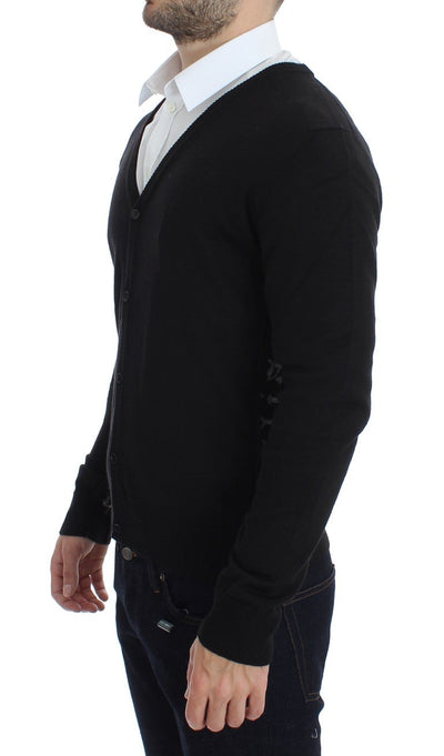 Black Wool Button Down Logo Cardigan