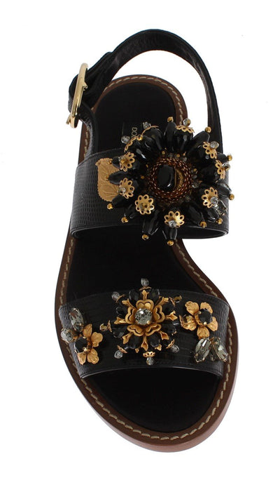 Black Leather Crystal Ankle Strap Sandals