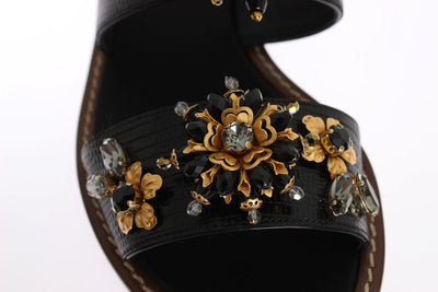 Black Leather Crystal Ankle Strap Sandals