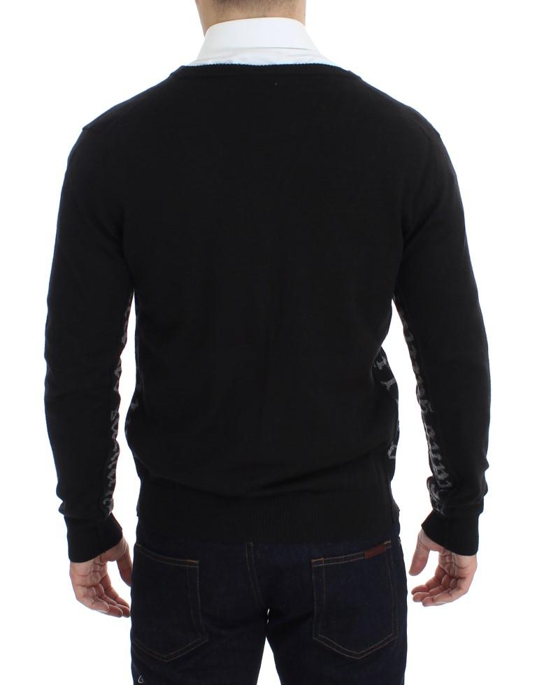 Black Wool Button Down Logo Cardigan