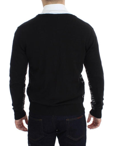 Black Wool Button Down Logo Cardigan