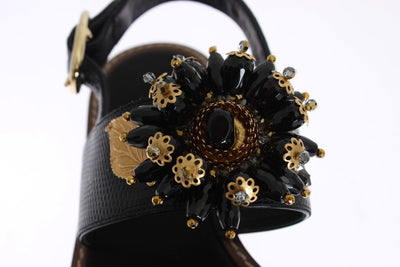 Black Leather Crystal Ankle Strap Sandals