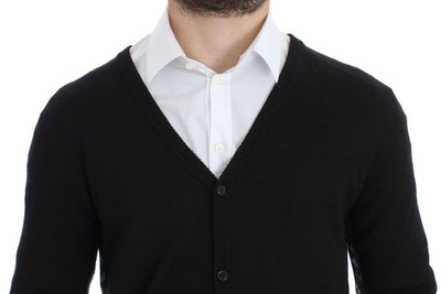 Black Wool Button Down Logo Cardigan