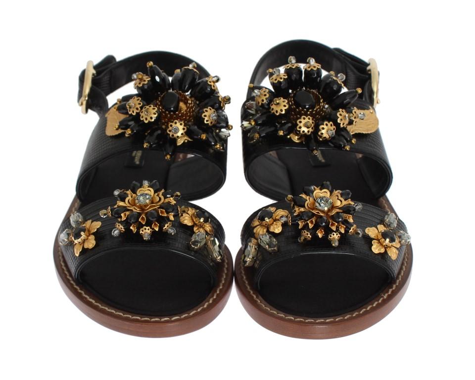 Black Leather Crystal Ankle Strap Sandals