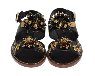 Black Leather Crystal Ankle Strap Sandals