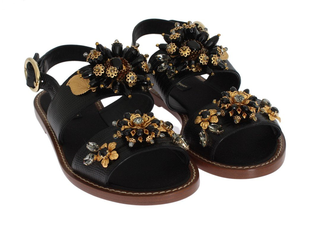 Black Leather Crystal Ankle Strap Sandals