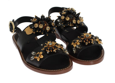 Black Leather Crystal Ankle Strap Sandals