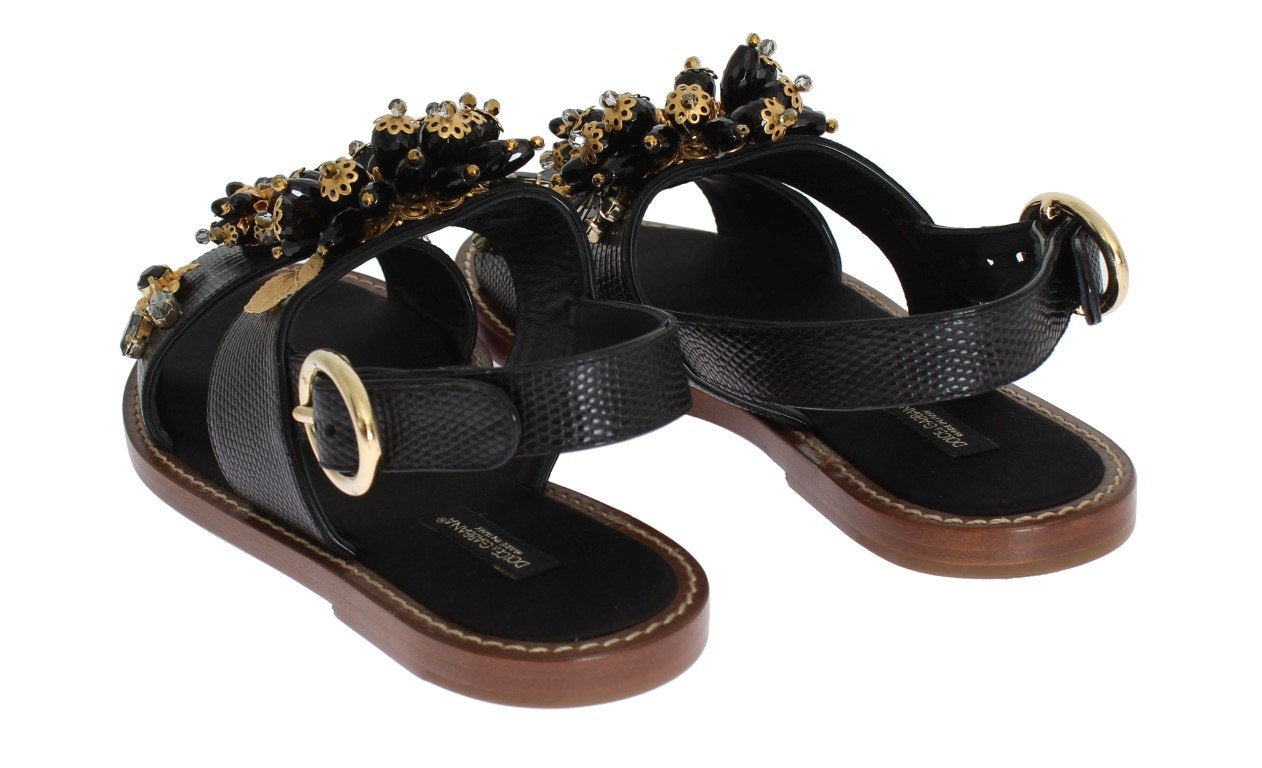 Black Leather Crystal Ankle Strap Sandals
