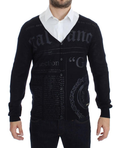 Black Wool Button Down Logo Cardigan