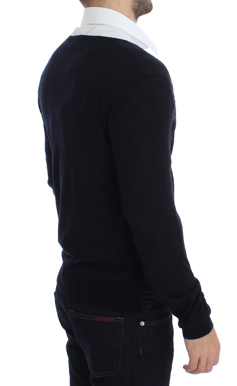 Black Wool Button Down Logo Cardigan