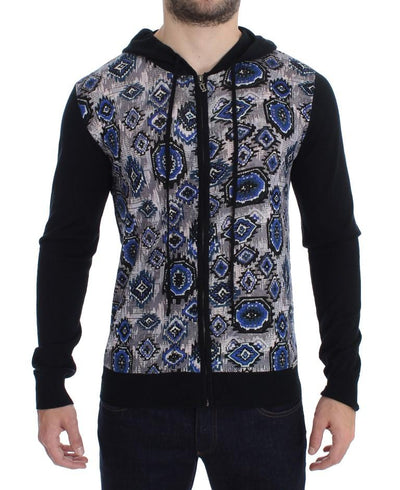 Black Blue Print Wool Zipper Hooded Sweater