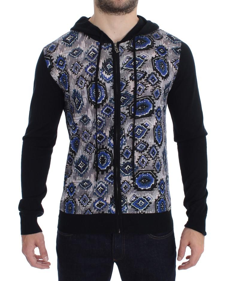 Black Blue Print Wool Zipper Hooded Sweater